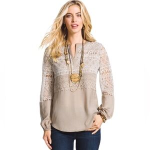 Chico’s Size 2 Textured Peasant Top Blouse Burnout Embroidered Chicos Size Large